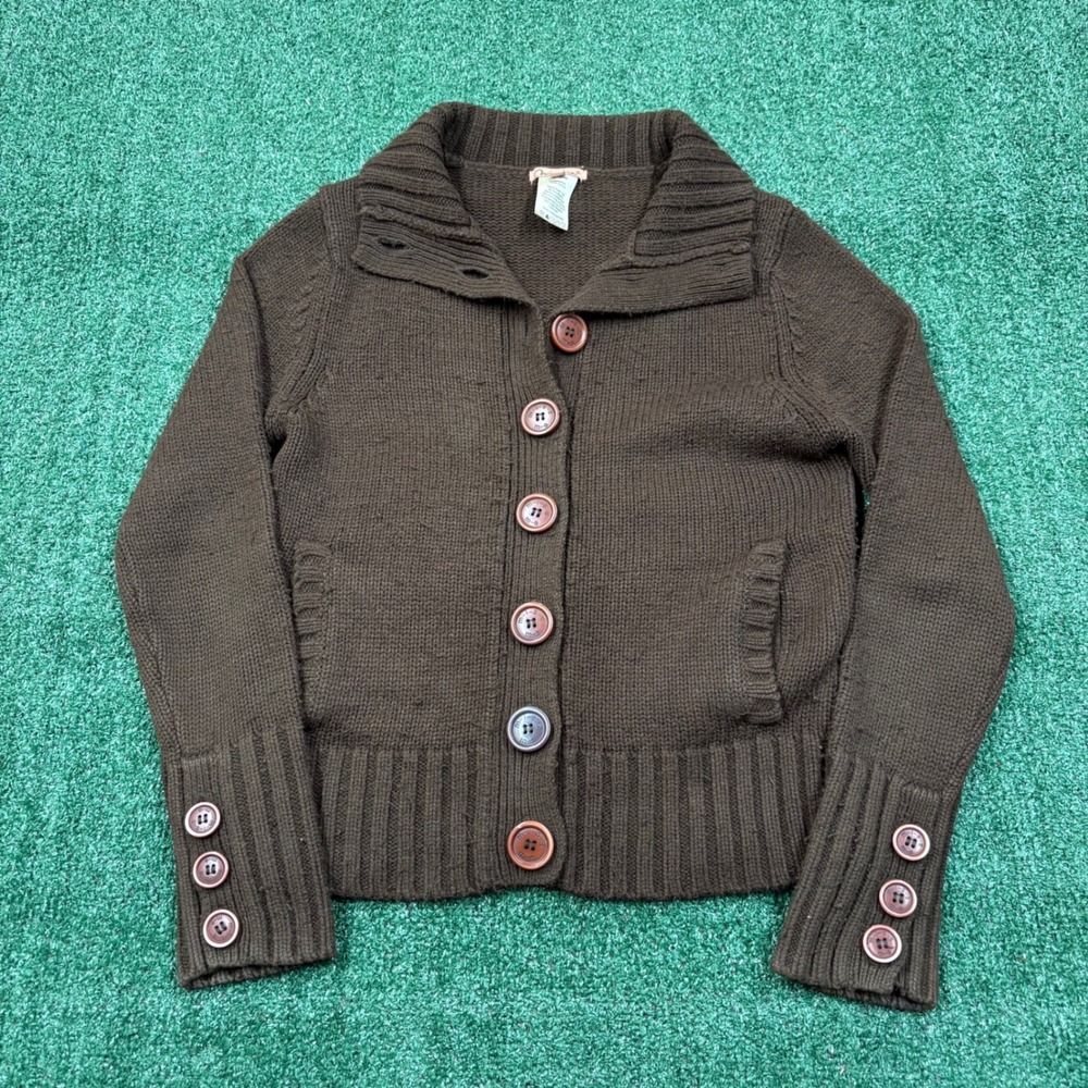 Y2K Miss Me Cardigan Sweater Brown Button Up Collared Chunky Knit Pocket